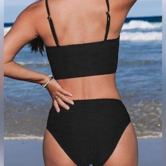 CUPSHE Black Textured Bikini Set Womens Small 2 Piece Scoop Neck High Waist NWT - Picture 2 of 10